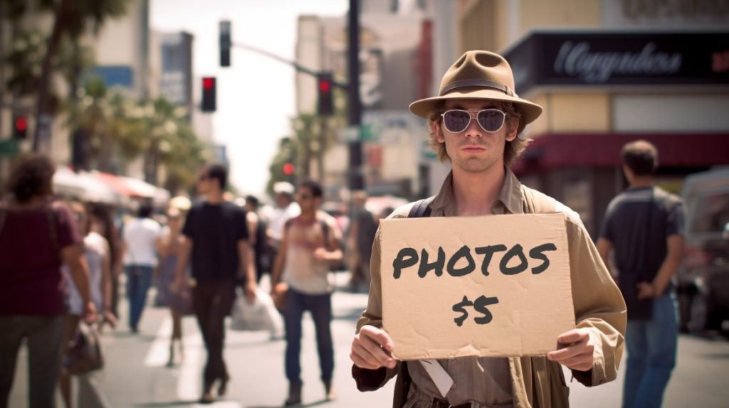 man standing on hollywood blvd with sign