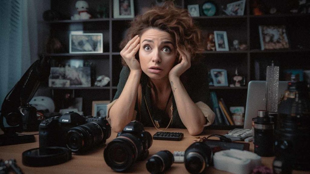 woman sitting at desk looking at cameras